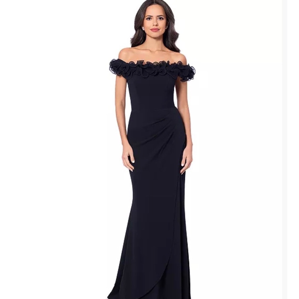 Black Off The Shoulder Ruffle Formal Gown Ruched Maxi Evening Dress